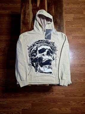 Verselli Men's "Heaven Bound" Beige Studded Pullover Hoodie. Size XL